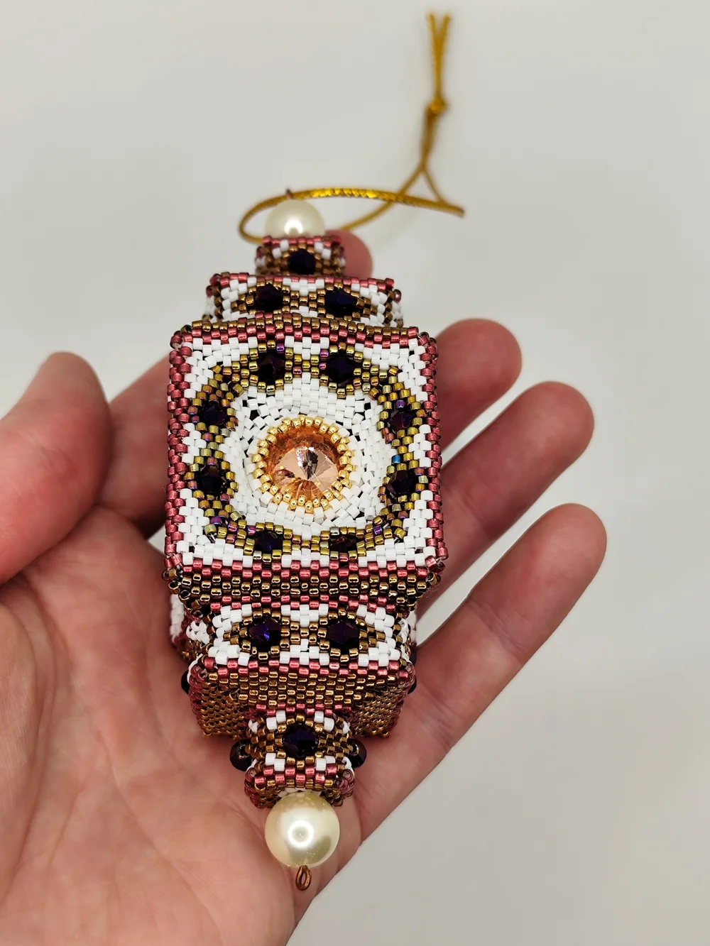 Beaded  Ornament in White, Rose Gold & Black